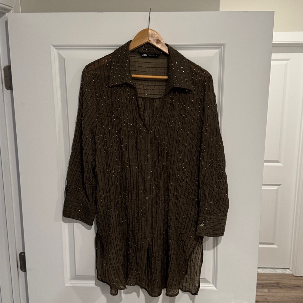 Olive Green Button-Up Shirt with Metallic Accents